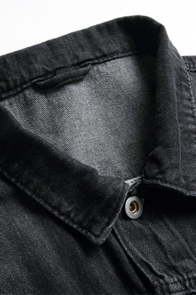 Basic Black Denim Jacket Spread Collar Rip Design Button Closure Pocket Detail Denim Jacket for Men
