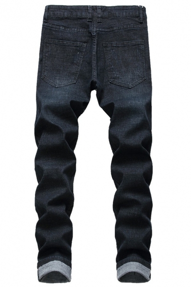 Casual Mens Pure Color Jeans Medium Wash Zipper Placket Full Length Jeans