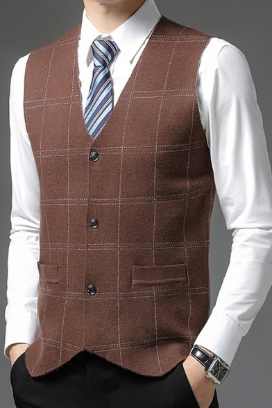Classic Guy's Suit Vest Plaid Pattern V Neck Sleeveless Regular Fitted Suit Vest