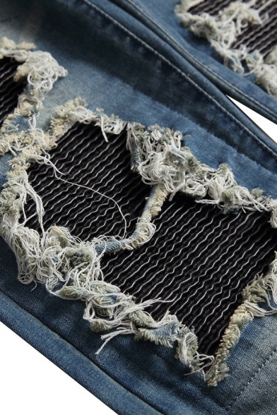Cool Mens Plain Jeans Medium Wash Distressed Design Pocket Detail Zipper Placket Jeans