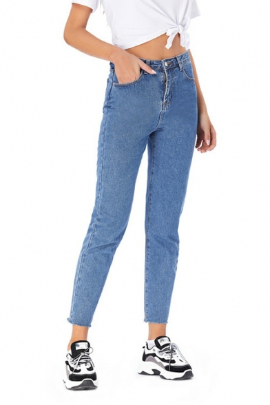 Daily Solid Color Jeans High Rise Pocket Detail Zip Placket Jeans for Women
