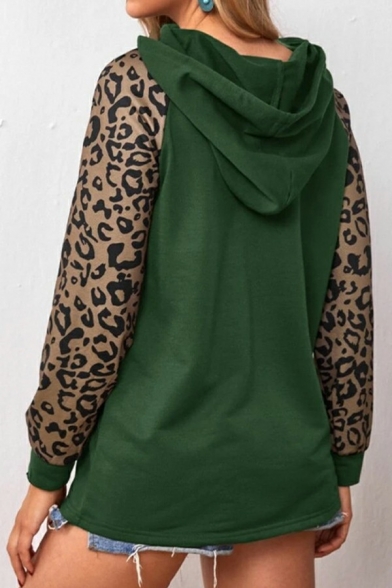 Ladies Girlish Hoodie Contrast Leopard Drawcord Relaxed Hoodie