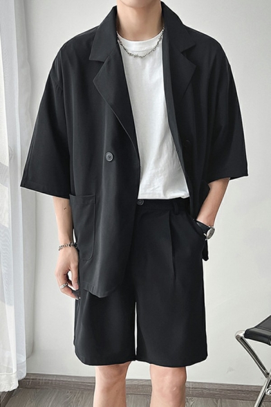 Men Trendy Suit Blazer Plain Pocket Half Sleeve Lapel Collar Single Button Blazer