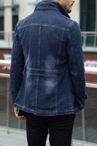 Stylish Jacket Solid Lapel Collar Button Up Pocket Bleach Distressed Denim Jacket for Men
