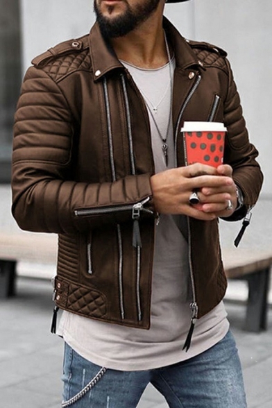 Urban Jacket Plain Turn-down Collar Zipper Padded Pocket Leather Jacket for Guys