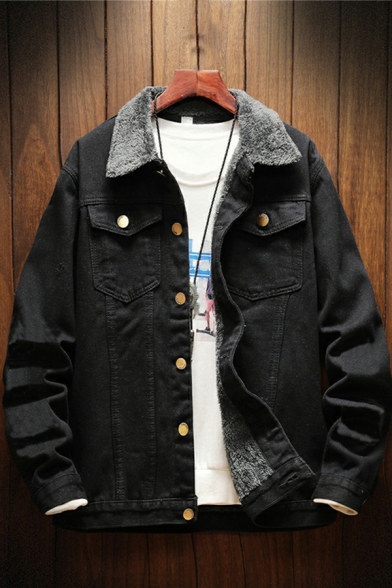 Vintage Jacket Plain Brushed Spread Collar Button-up Pocket Detail Denim Jacket for Men