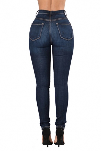Vintage Solid Color Jeans High Rise Pocket Detail Zip Placket Jeans for Women