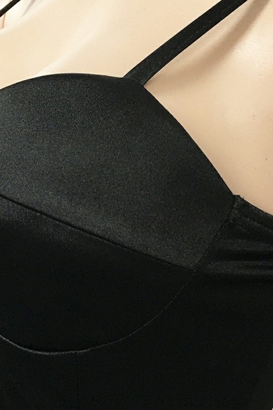 Women Leisure Dress Plain Spaghetti Straps Half Sleeve Sashes Detail High Low Dress