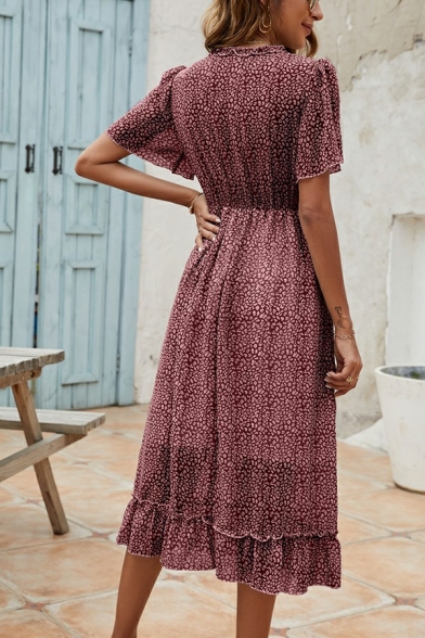 Women Stylish Dress Leopard Printed Short Sleeve V-neck Regular Fit Mid Rise Tea Dress