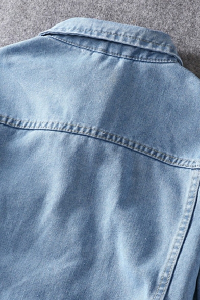 Classic Unique Plain Chest Pocket Spread Collar Long-Sleeved Button Closure Denim Jacket