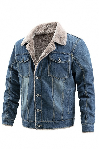 Daily Jacket Pure Color Pocket Notched Collar Button Fly Denim Jacket for Men