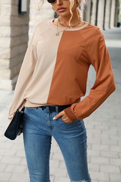 Fashion Women's Sweatshirt Color Block Relaxed Fit Round Neck Sweatshirt