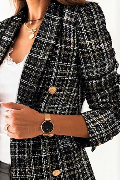 Ladies Cool Suit Blazer Plaid Patterned Double-Breasted Pocket Shawl Lapel Suit Blazer