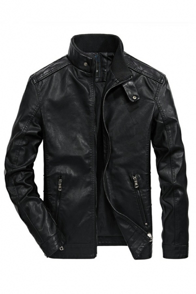 Men Classic Leather Jacket Solid Color Zipper Closure Pocket Detail Stand Collar Leather Jacket