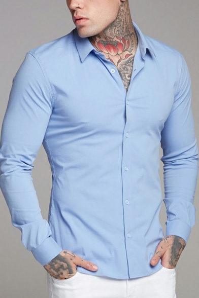 Modern Shirt Solid Color Turn-down Collar Button Fly Slim Fit Shirt for Men