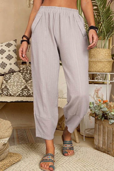 Modern Women Pants Pure Color Mid Rise Elastic Waist Pocket Detail Pants