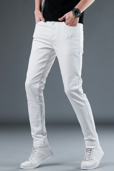 Simple Jeans Pure Color Zip Up Slim Fit Full Length Pocket Jeans for Men