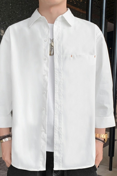 Stylish Guys Plain Shirt Turn-down Collar Chest Pocket Button Closure Shirt