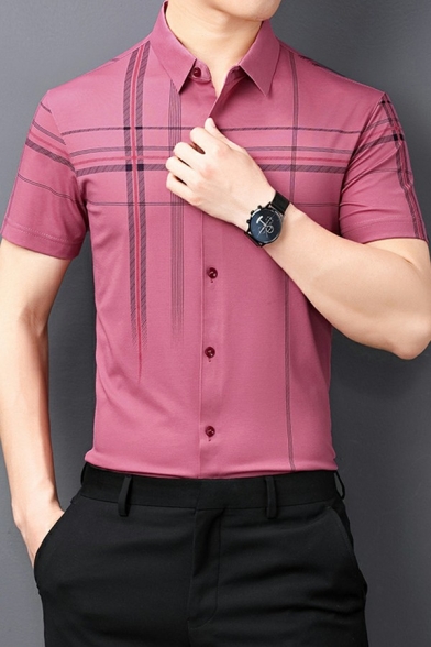 Trendy Men Stripe Print Shirt Turn-down Collar Button Closure Regular Fit Shirt