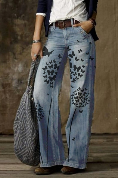 Trendy Women Straight Jeans Butterfly Pattern Zip Placket Mid Waist Jeans