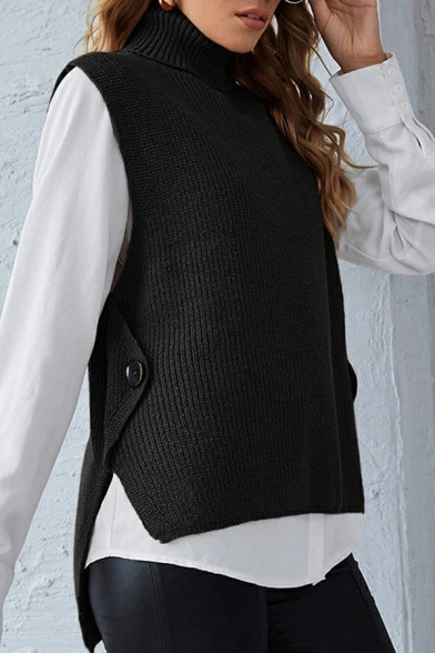 Trendy Women Vest Solid Color Knit High Slit High Neck Regular Fit Vest