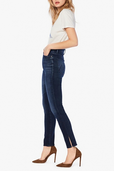 Vintage Dark Blue Jeans High Rise Pocket Detail Zip Placket Jeans for Women