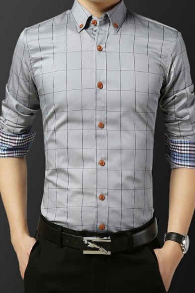 Basic Mens Plaid Print Shirt Turn-down Collar Button Closure Regular Fit Shirt
