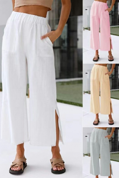 Basic Women Drawstring Plain Pants Mid Rise Split Design Pocket Detail Straight Fit Pants