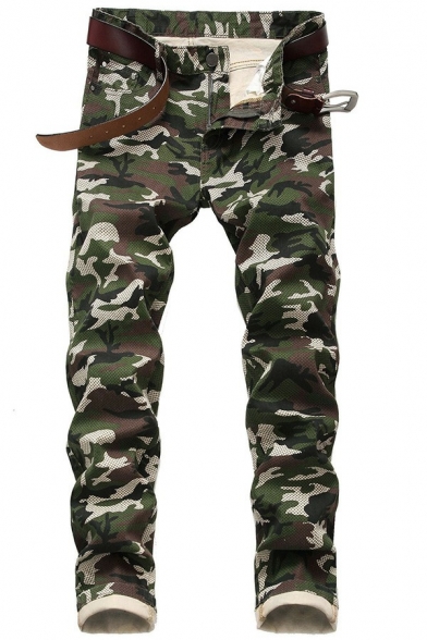 Casual Mens Camouflage Jeans Medium Wash Pocket Detail Zipper Placket Jeans