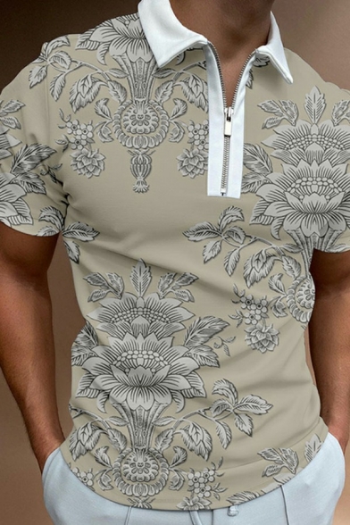 Casual Polo Shirt Camouflage Print Short Sleeved Spread Collar Zipper Polo Shirt for Men