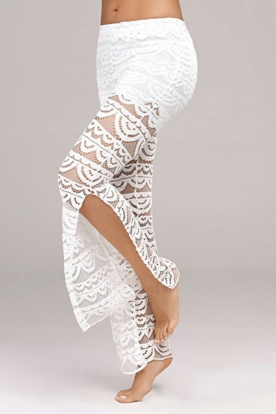Creative Lace Drawstring Plain Pants Mid Rise Split Design Lace Pants for Women