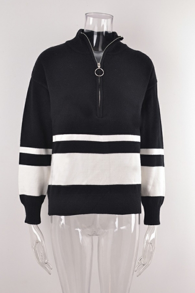 Dashing Women Sweatshirt Stripe Print Zip Detail Spread Collar Long-Sleeved Sweatshirt