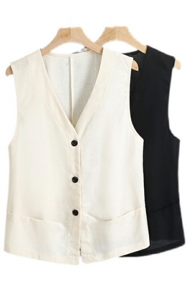 Elegant Vest Solid Color Button Placket V-Neck Loose Fitted Vest for Ladies