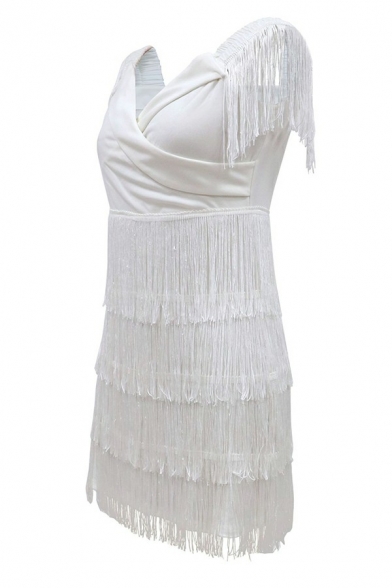 Fancy Dress Plain Off The Shoulder Sleeveless Mini Length Tassel Design Dress for Ladies