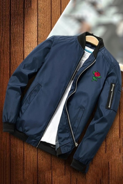 Men Urban Baseball Jacket Rose Pattern Zipper Closure Pocket Detail Baseball Jacket