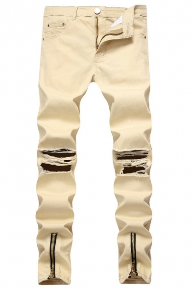 Modern Mens Jeans Color Block Medium Wash Distressed Design Mid Rise Zipper Placket Full Length Jeans