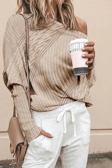 Modern Women's Knit Top Plain Long Sleeve One Shoulder Kint Top