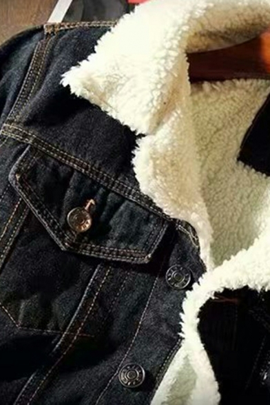 Novelty Guys Fleece Jacket Plain Pocket Detail Spread Collar Button-up Denim Jacket