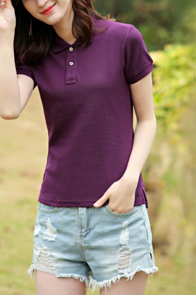 Simple Women Polo Shirt  Plain Spread Collar Short Sleeve Hem Workout Polo Shirt