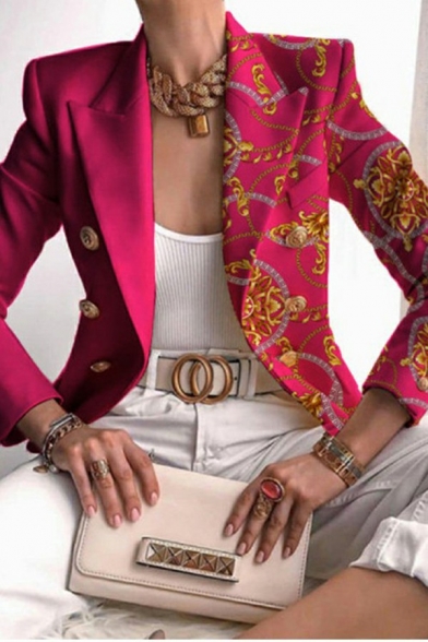 Women Unique Suit Blazer Stripe Print Lapel Collar Open Front Button Detail Suit Blazer