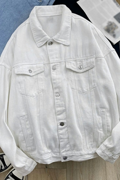 Basic Mens Jacket Plain Pocket Detail Spread Collar Long Sleeve Button down Denim Jacket