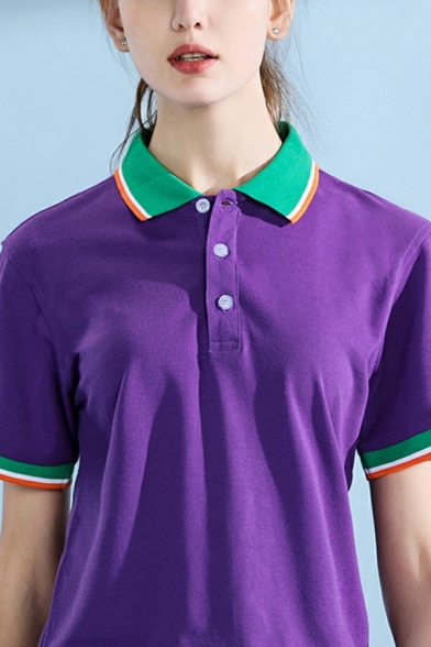 Classic Women Polo Shirt Color Block Contrast Collar Short Sleeve Polo Shirt