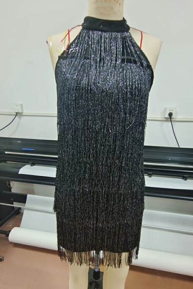 Cool Girls Dress Solid Color Halter Sleeveless Mini Length Tassel Designed Dress