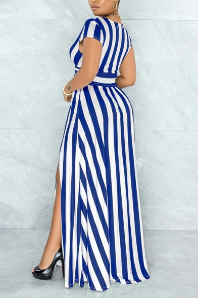 Dashing Ladies Dress Striped Pattern V Neck Cap Sleeve Slit Detail Long Length Dress