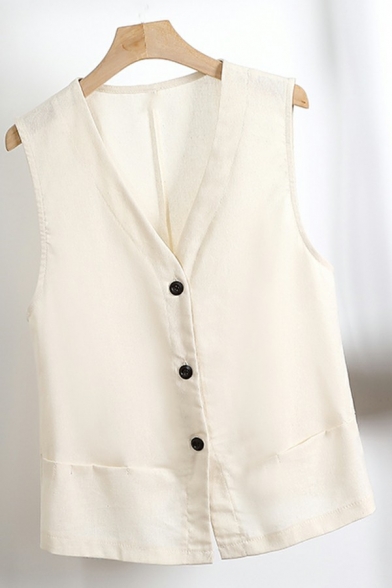 Elegant Vest Solid Color Button Placket V-Neck Loose Fitted Vest for Ladies