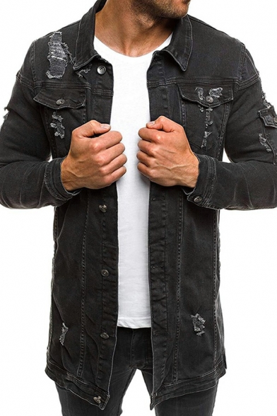 Men Classic Denim Jacket Plain Turn-down Collar Button down Distressed Denim Jacket