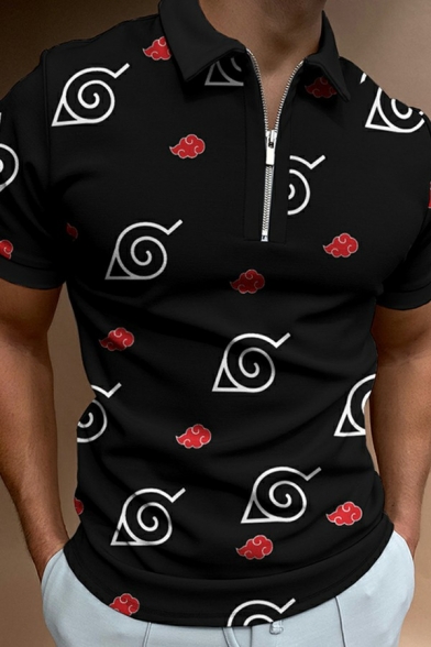 Men's Casual Polo Shirt Clouds Pattern Zip Detail Spread Collar Short Sleeves Polo Shirt