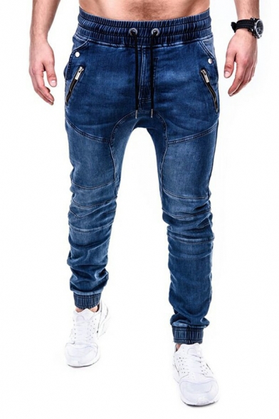 Modern Men's Drawstring Jeans Plain Mid Rise Pocket Design Full Length Skinny Jeans