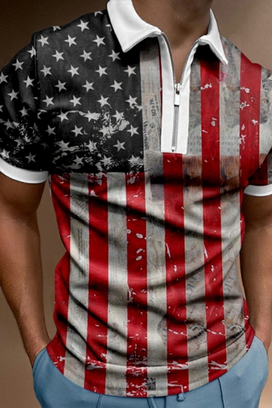 Novelty Guys Polo Shirt Stripe Print Short-sleeved Regular Zip Detail Polo Shirt