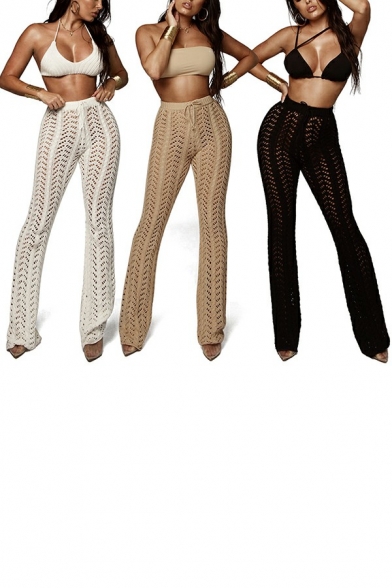 Sexy Plain Openwork Pants High Rise Elastic Waist Straight Fit Pants for Women